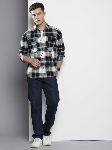 Men's Navy Blue Regular Fit Checked Casual Shirt