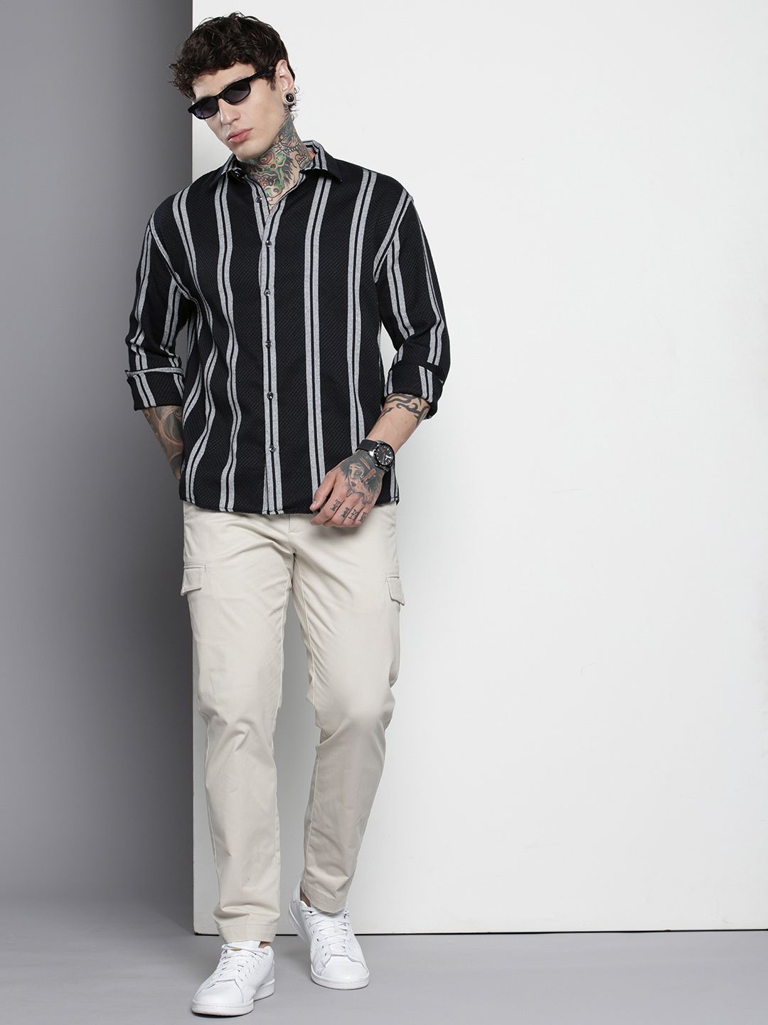 Men's Black Relaxed Fit Striped Resort Wear Shirt