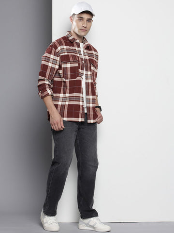 Men's Maroon Regular Fit Checked Casual Shirt
