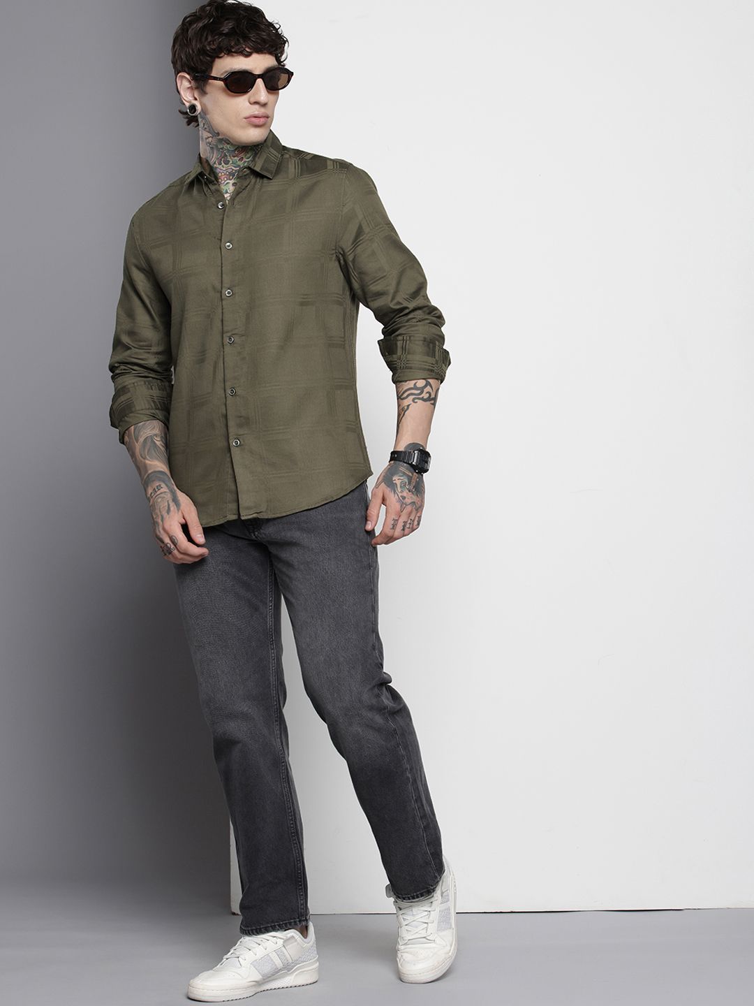 Men's Olive Slim Fit Textured Party Wear Shirt