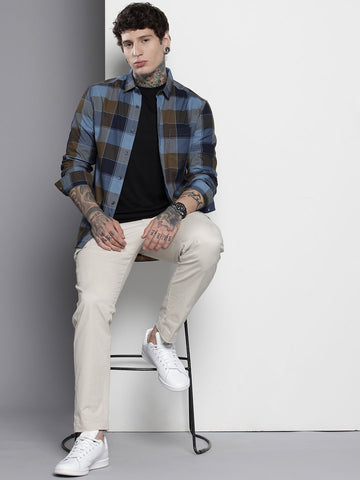 Men's Navy Blue Slim Fit Checked Casual Shirt
