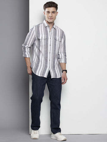Men's Black Slim Fit Striped Casual Shirt