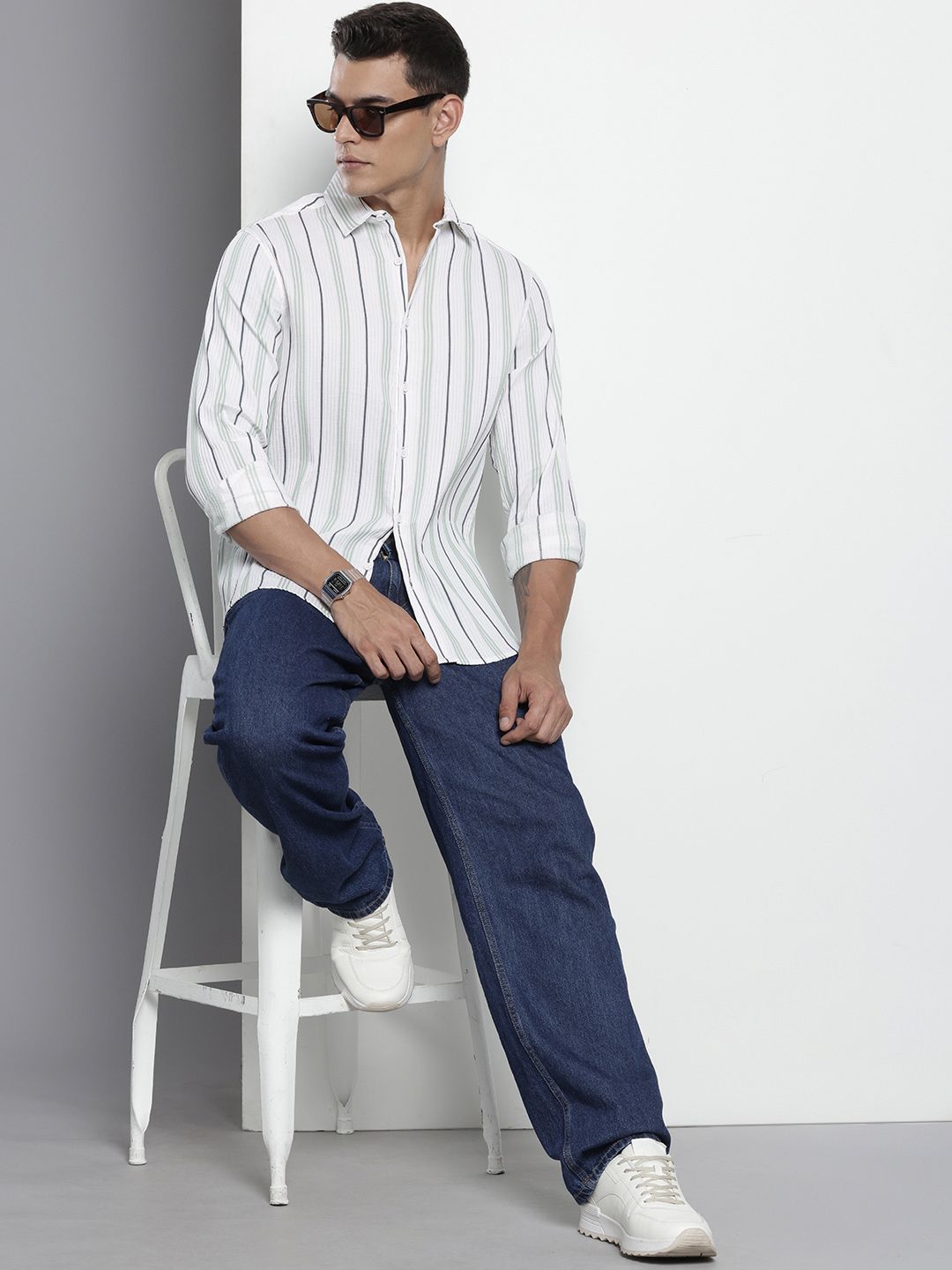 Men's White Regular Fit Striped Textured Shirt