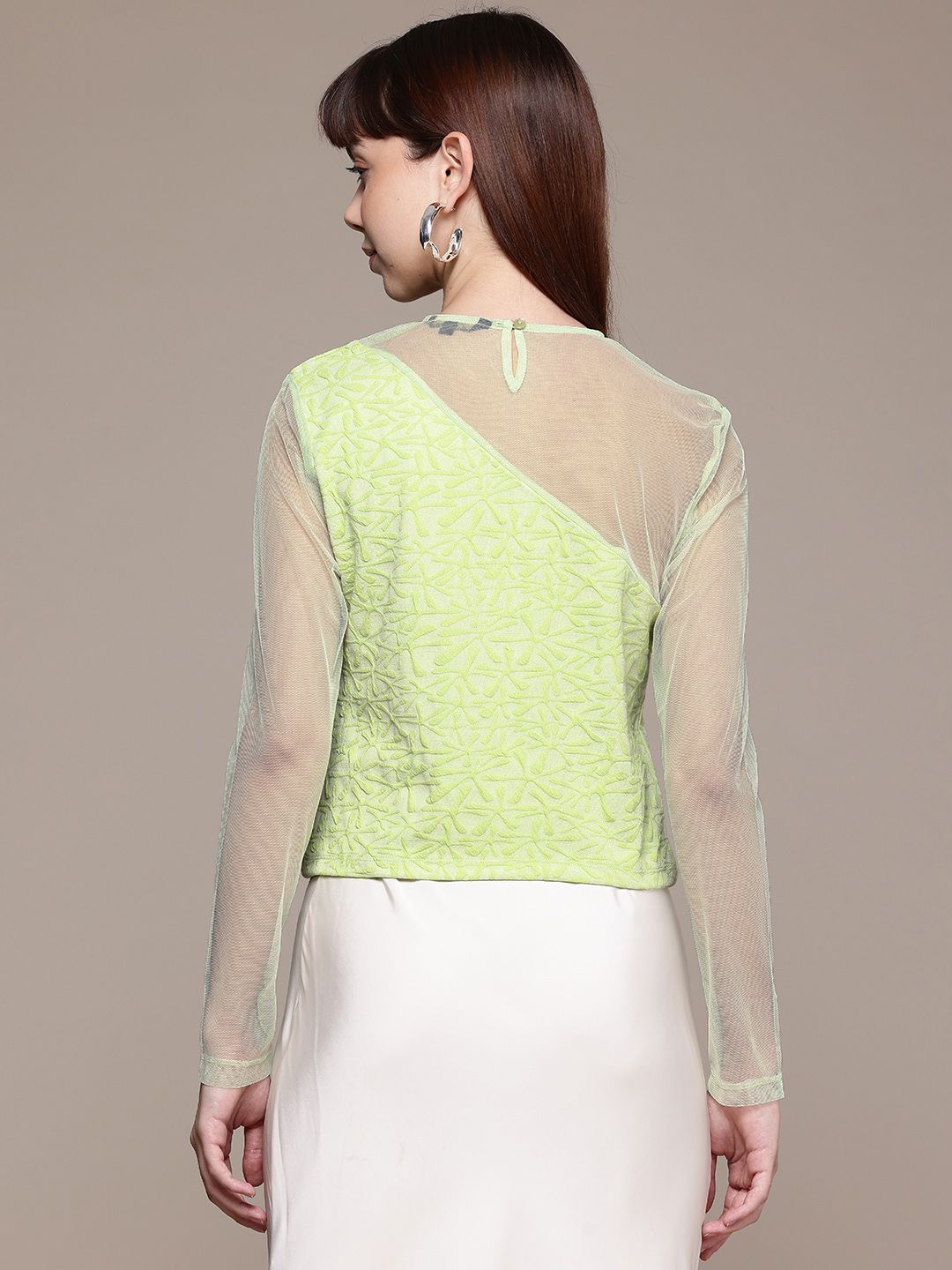 Freehand by The Indian Garage Co Women Fitted Textured Mesh Sheer Top