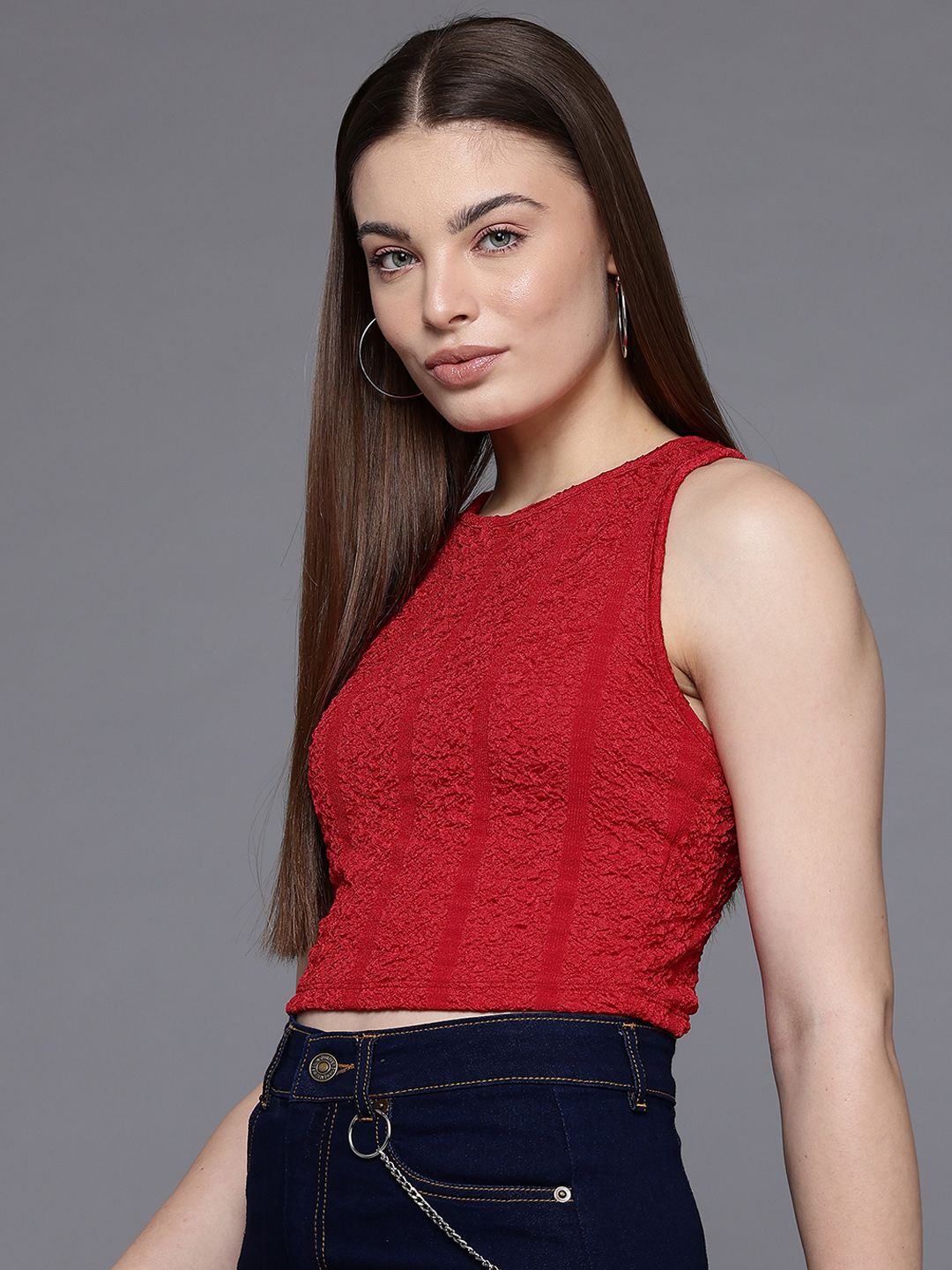 Freehand by The Indian Garage Co Women Fitted Textured Crop Top