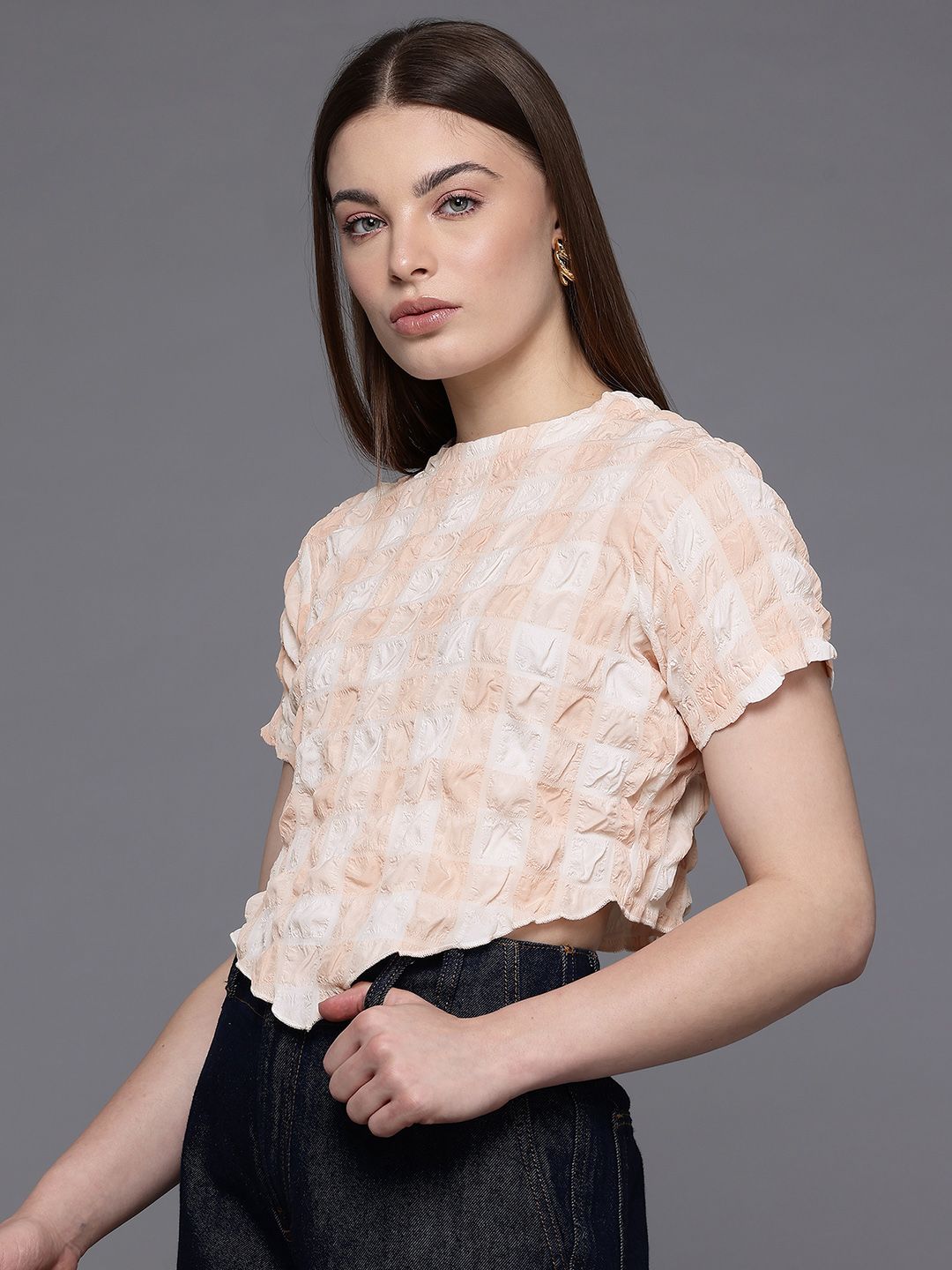 Freehand Peach The Indian Garage Co Women Fitted Textured Asymmetric Top