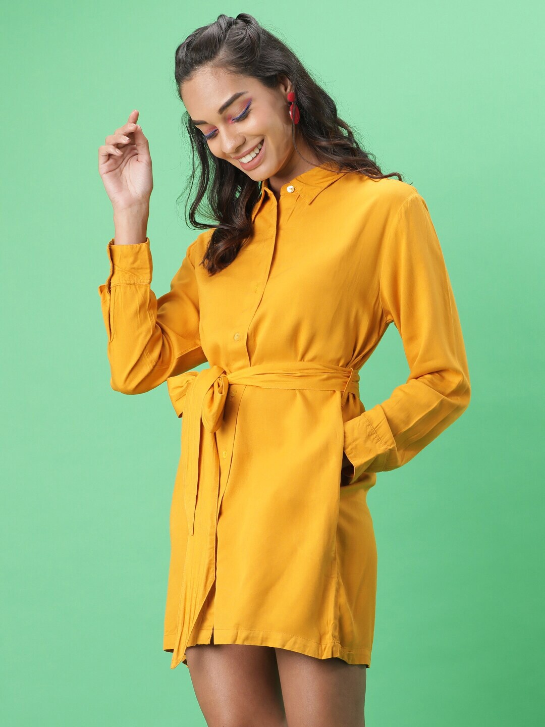 Shop Women Solid Shirt Dress With Front Tie-Up Online.