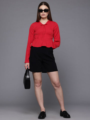 Freehand by The Indian Garage Co Women Regular Fit Textured Cinched Waist Top