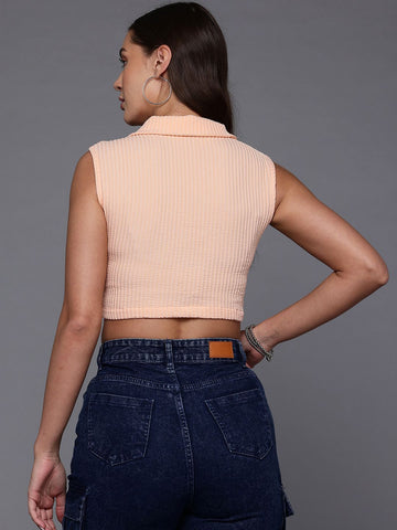 Freehand Peach The Indian Garage Co Women Fitted Textured Crop Top