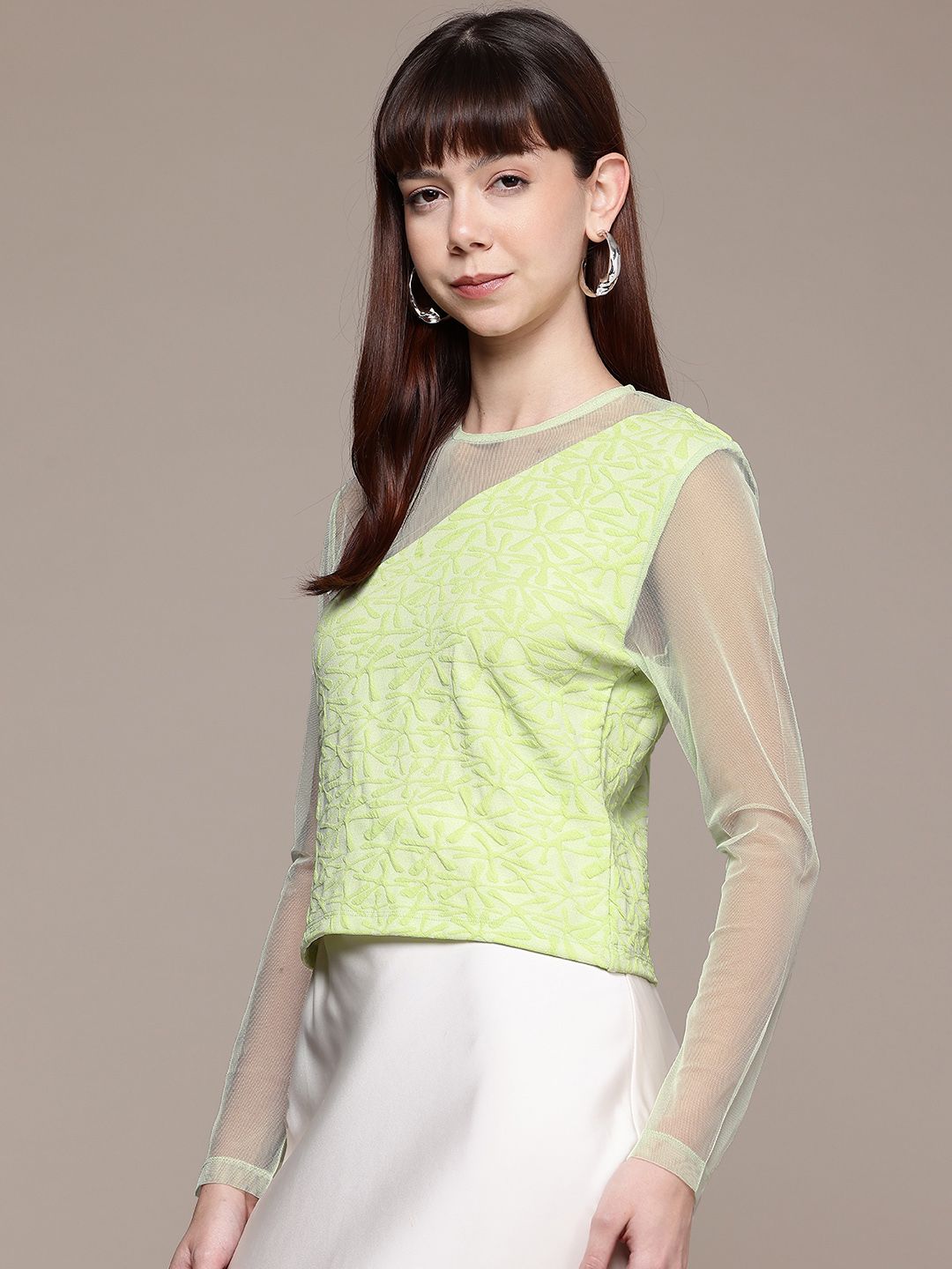 Freehand by The Indian Garage Co Women Fitted Textured Mesh Sheer Top
