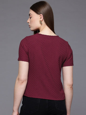 Freehand Maroon The Indian Garage Co Women Regular Fit Textured Asymmetric Top
