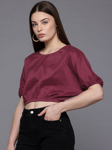 Freehand Maroon The Indian Garage Co Women Loose Fit Textured Crop Top