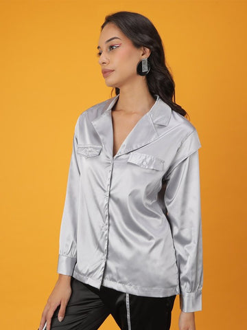 Women's Satin Lapel Collar Shirt