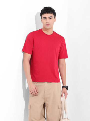 Men's Red Slim Fit Solid Round Neck T-shirt