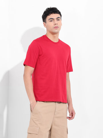 Men's Red Slim Fit Solid Round Neck T-shirt