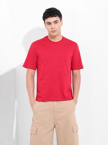 Men's Red Slim Fit Solid Round Neck T-shirt