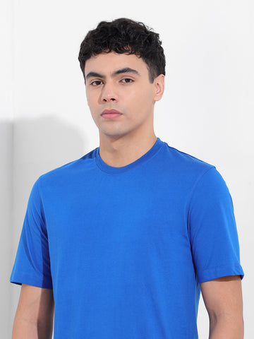 Men's Blue Slim Fit Solid Round Neck T-shirt