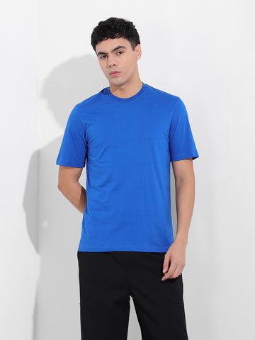 Men's Blue Slim Fit Solid Round Neck T-shirt