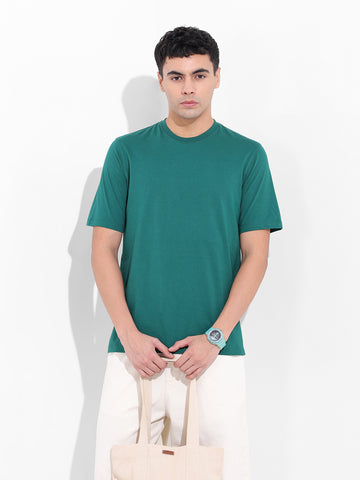 Men's Green Slim Fit Solid Round Neck T-shirt