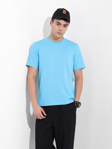 Men's Blue Slim Fit Solid Round Neck T-shirt