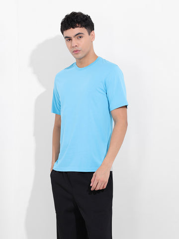 Men's Blue Slim Fit Solid Round Neck T-shirt