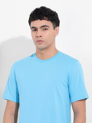 Men's Blue Slim Fit Solid Round Neck T-shirt