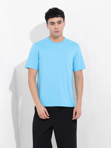 Men's Blue Slim Fit Solid Round Neck T-shirt
