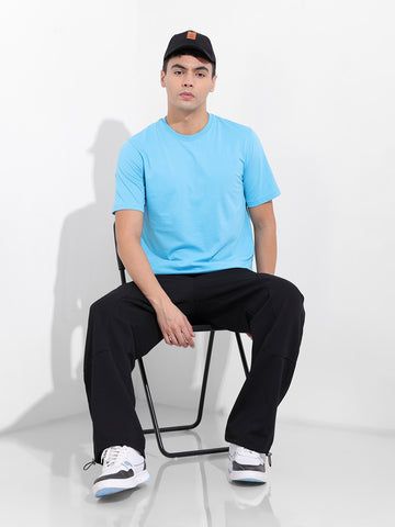 Men's Blue Slim Fit Solid Round Neck T-shirt