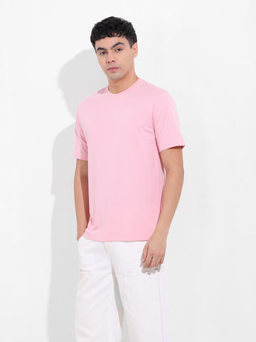 Men's Pink Slim Fit Solid Round Neck T-shirt