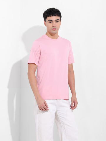 Men's Pink Slim Fit Solid Round Neck T-shirt