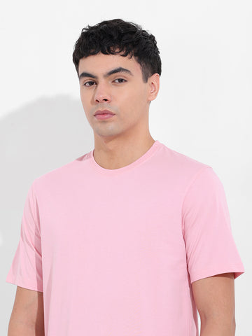 Men's Pink Slim Fit Solid Round Neck T-shirt