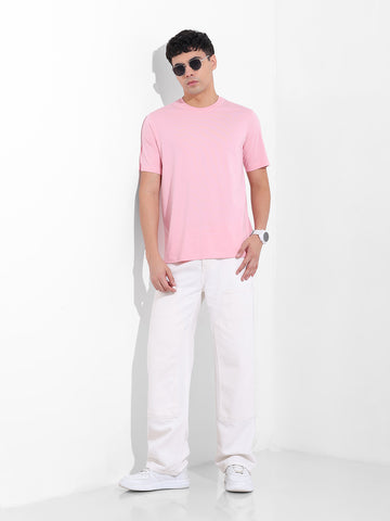 Men's Pink Slim Fit Solid Round Neck T-shirt