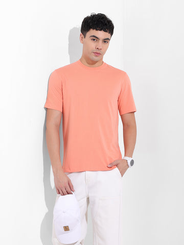 Men's Orange Slim Fit Solid Round Neck T-shirt