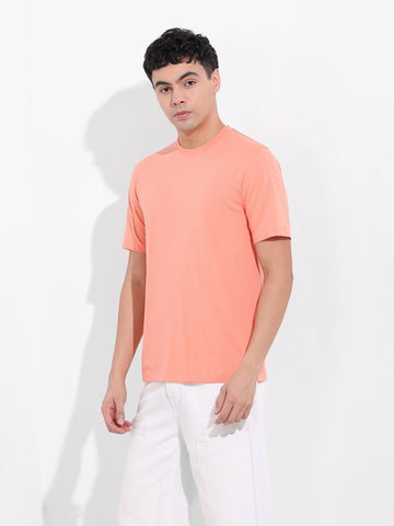 Men's Orange Slim Fit Solid Round Neck T-shirt