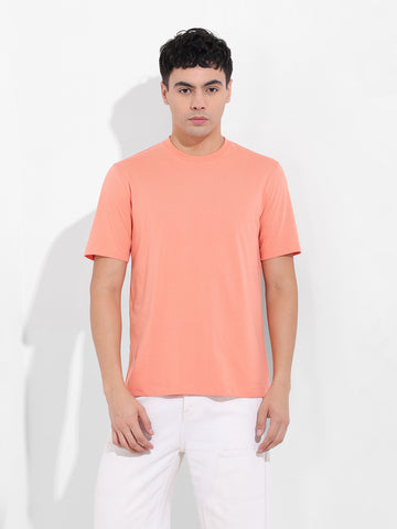 Men's Orange Slim Fit Solid Round Neck T-shirt