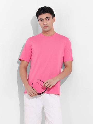 Men's Pink Slim Fit Solid Round Neck T-shirt