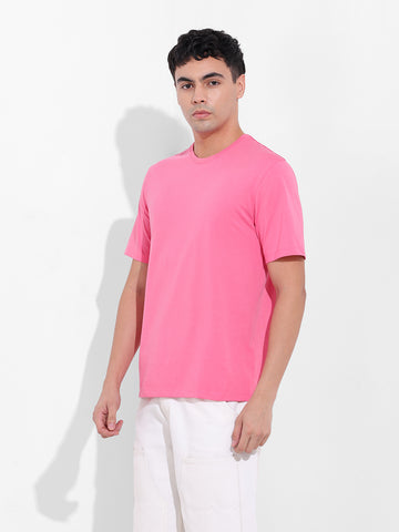 Men's Pink Slim Fit Solid Round Neck T-shirt