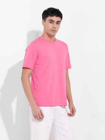 Men's Pink Slim Fit Solid Round Neck T-shirt