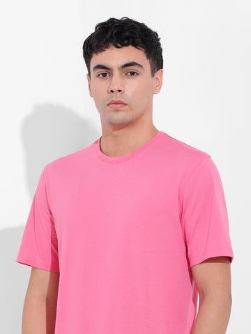 Men's Pink Slim Fit Solid Round Neck T-shirt