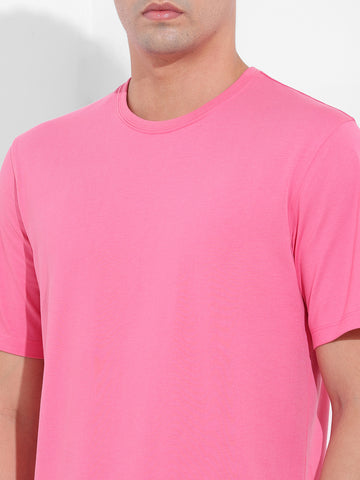 Men's Pink Slim Fit Solid Round Neck T-shirt