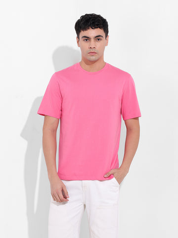 Men's Pink Slim Fit Solid Round Neck T-shirt