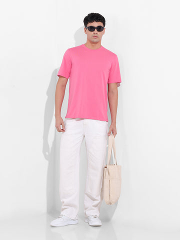 Men's Pink Slim Fit Solid Round Neck T-shirt