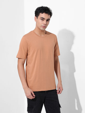 Men's Beige Slim Fit Solid Round Neck T-shirt