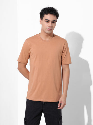 Men's Beige Slim Fit Solid Round Neck T-shirt