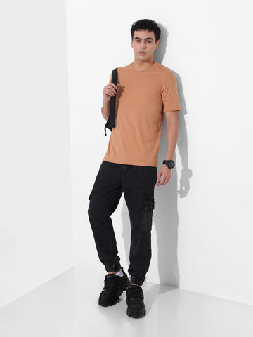 Men's Beige Slim Fit Solid Round Neck T-shirt