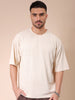 Men's Cream Oversized Self Design Round Neck T-shirt