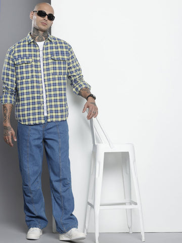 Men's Orange Relaxed Fit Checked Casual Shirt