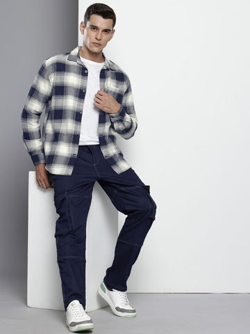 Men's Navy Blue Relaxed Fit Textured Casual Shirt
