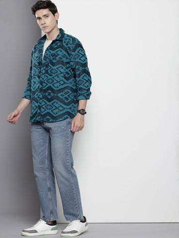 Men's Blue Relaxed Fit Textured Casual Shirt