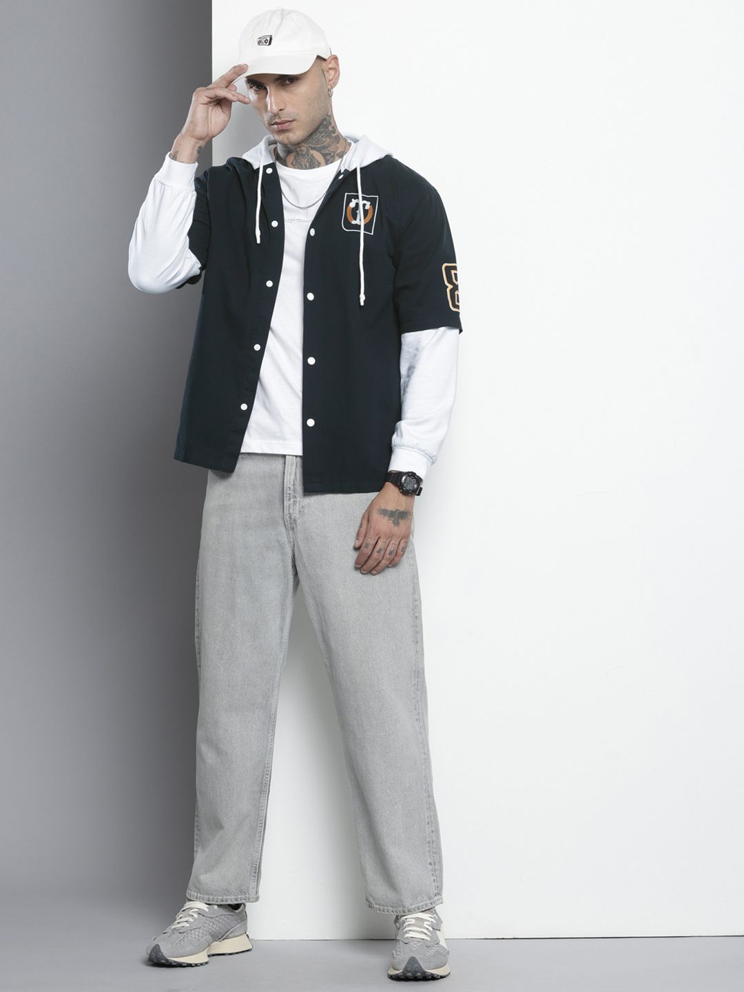 Men's Navy Blue Regular Fit Graphic Print Street Wear Overshirt